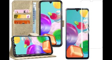 Hoesje geschikt voor Samsung Galaxy A41 - Screen Protector GlassGuard - Book Case Kunstleer Pasjeshouder Goud & Screenprotector