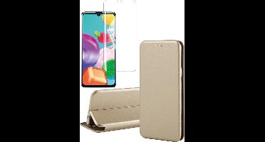 Hoesje geschikt voor Samsung Galaxy A41 - Screen Protector GlassGuard - Book Case Kunstleer ThinShield Goud & Screenprotector