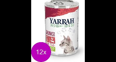 12x Yarrah Bio Kat Blik Brokjes In Saus - Kip & Rund - Kattenvoer - 405g