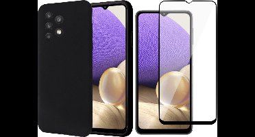 Hoesje geschikt voor Samsung A32 5G - Siliconen Case Cover Hoes Zwart + Screen Protector Glas Full