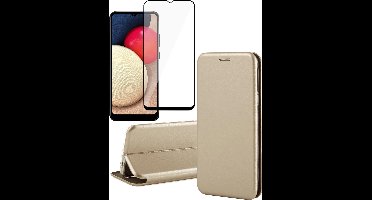 Hoesje geschikt voor Samsung Galaxy A02s - Screen Protector FullGuard - Book Case Kunstleer ThinShield Goud & Screenprotector
