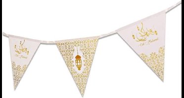 Eid Mubarak thema papieren vlaggenlijn/slinger wit/goud 3 meter - Suikerfeest/Offerfeest versieringen/decoraties