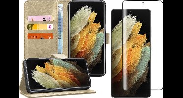 Hoesje geschikt voor Samsung Galaxy S21 Ultra - Screen Protector FlexGuard - Book Case Kunstleer Pasjeshouder Goud & Screenprotector