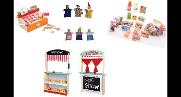 Jouéco 2 in 1 Theater en Winkel met 6 poppenkastpoppen-kassa-18-delige boodschappen set 6 kratjes en 24 stuks groente-fruit