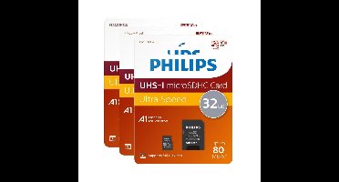 3 stuks Philips FM32MP45 Flashgeheugen Micro SDHC - 32GB microSD + Adapter, Klasse 10 UHS-I