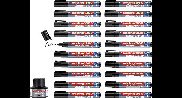 edding 360/20 S whiteboardmarker zwart en navulinkt - ronde punt - 1,5-3 mm - doos met 20 markers en potje navulinkt