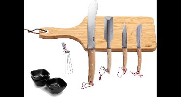 Homey's Charcuterie Luxe 8-delige Borrelset - Blokmes - Patésteker - Smeermes - Worstmes - Sausschaaltjes en Prikkers - Bamboe Borrelplank - RVS/Beukenhout
