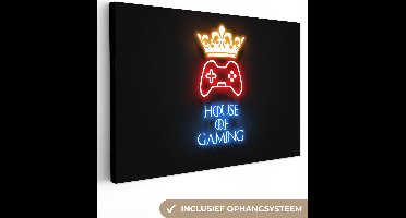 Canvas schilderij 90x60 cm - Wanddecoratie Gaming quotes - Neon - House of gaming - Kroon - Tekst - Muurdecoratie game room - Gaming kamer decoratie - Gameroom accessoires - Schilderijen