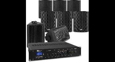 Power Dynamics 100V set voor buitenterras of overkapping - 8 speakers & 4-zone versterker - Bluetooth