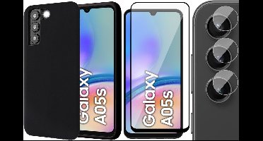Hoesje geschikt voor Samsung Galaxy A05s - Screenprotector Volledig Dekkend Glas & Camera - Mat Back Case Zwart