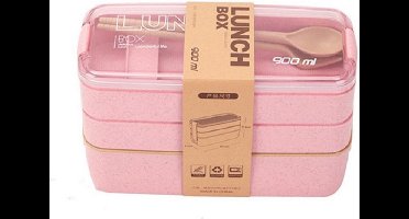 3-delig Bento Lunchbox Lunchtrommel met Bestek | Luchtdicht Lekvrij L18.5*B11.4*H8.2 CM 900ML | Magnetron- en Vaatwasserbestendig - ROZE MS-37