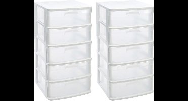2x stuks ladeblok/bureau organizer met 5x lades wit/transparant - L40 x B39 x H81 cm - Opruimen/opbergen laatjes
