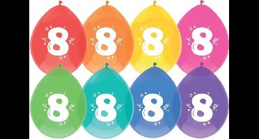 Ballonnen multicolor met opdruk "8" 30 cm 8 stuks