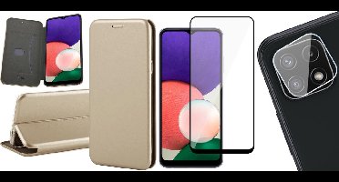 Hoesje geschikt voor Samsung Galaxy A22 5G - Bookcase Goud - Full Screenprotector - Camera Screen Protector - Wallet Hoesje