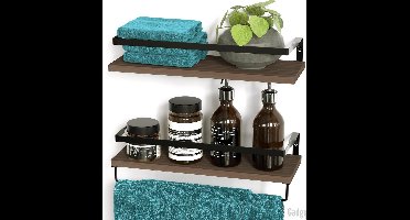 Gadgy Zwevende Wandplank 2 Stuks - Wandrek Industrieel met Handdoekhouder - Hout & Metaal - 41CM Breed - Bruin / Zwart