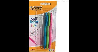 Set van 3 BIC balpennen in lichtgroen en lichtblauw roze, intrekbaar.