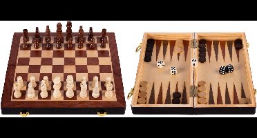 Opklapbare Schaak & Backgammon Set – Houten Schaak- en Backgammonbord van Essenhout – Spelbord 30 x 30 x 5,5 cm – Luxe Reisbord & Draagbare Spelset – 2 spellen in 1 – Engelhart Games