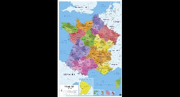 Frankrijkkaart poster - Parijs - Lyon - Provincies - Toerisme - Educatief - 61 x 91.5 cm