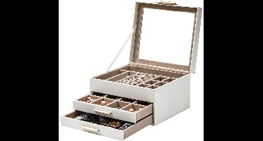 Hoppa! Sieradendoos | Juwelendoos met Glazen Deksel | Juwelendoos met 3 Niveaus | Juwelendoos met 2 Laden | Opbergdoos voor Juwelen | Geschenk voor Uw Geliefde | Valentijnscadeau voor Haar | Wit