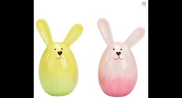 Haasjes | Pasen | Deco | Keramiek | 2 stuks | roze en geelgroen | 6x11 cm
