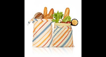 Set Van 2: L-Vormige Bewaarzakken Van Katoen-Linnen Met Rits En Bijenwascoating — Voorzien Van Gespsluiting En Ingebouwde Dubbellaagse Bijenwasvoering — Bewaarzakken Voor Brood, Fruit En Groenten (Gestreept)