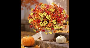9 Bossen Kunstherfstbloemen voor Buiten - Realistische Zijden Bloemen in Oranje Herfstkleuren - UV-bestendig en Weerbestendig - Herfstboeket en Takken voor Balkonbak, Tuin en Terras - Decoratieve Herfstplanten voor Binnen en Buiten
