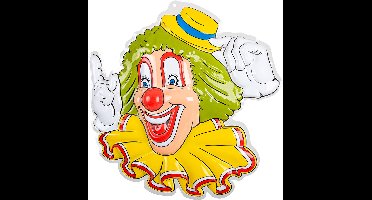 Carnaval wanddecoratie bord Clown gele hoed & groen haar 50x50cm wanddeco