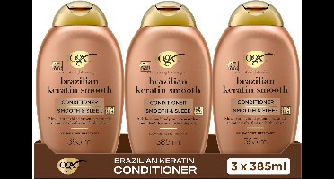 OGX Conditioner Brazilian Keratine Smooth, Kokosolie & Keratine, Anti-Pluis & Glans, Voor Krullend of Golvend Haar, Sulfaatvrij, Verstevigt & Verzacht, 3x385 ml