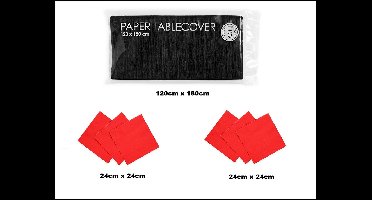 1x Tafelkleed papier zwart 120cm x 180cm + 40x Cocktail servetten rood 24cm x 24cm 3 laags