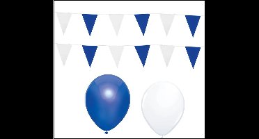 2x Vlaggenlijn blauw/wit 10 meter + 20 ballonnen blauw/wit - Versiering Slinger Feestdecoratie Decoratie
