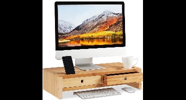 Famanu – Monitor standaard bamboe - 2 lades en vakken - beeldschermverhoger - voor laptops en schermen - 14x60x30cm - natuur