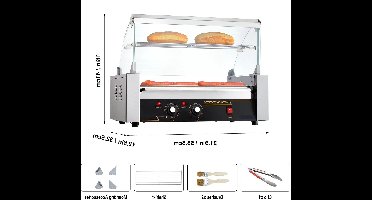 Hotdog Grill Machine - Hotdog Grill - Hotdogroller - 7 RVS Rollen - 750W - Elektrische Grill - met Deksel - Twee Temperatuurregelaars - Spatwand en plank - voor Keuken - en Feestjes - Capaciteit 12 Stuks