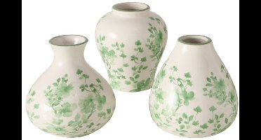 Boltze - Vaas - Set van 3 - Mini Vaasjes - Kate - Wit met groene bloemenprint - 11x10cm - Keramiek