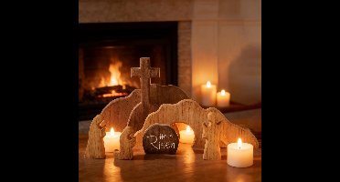 7-delige Houten Decoratieset Met Leeg Graf Voor Pasen | Bevat Een Kruis, Een Leeg Graf, Engelen En Discipelen, Inscripties Op Stenen Platen, Tafelversiering. Geschikt Voor Thuis, Op Kantoor of In De Kerk