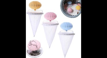 Driedelige pluizenfilterset voor wasmachines, bestaande uit een vlotterfilter, een pluizennet en wasbollen, om dierenharen te verwijderen.