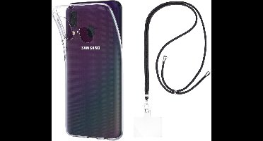 Set met hoesje en nekband voor Samsung Galaxy a40 - Flexibele, transparante TPU-bescherming, verstelbare universele nekband voor mobiele telefoons, zwarte nekband, transparante draagriem van Phonillico®