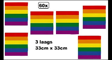 60x Servetten Regenboog 33cm x 33cm - 3 laags - Luxe Servet diner eten knoeien restaurant Rainbow Pride parade BBQ thema feest verjaardag feest