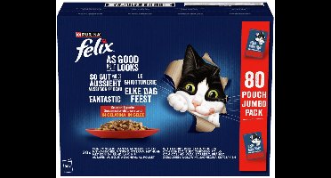 FELIX Zo lekker als het eruit ziet Smaakvariatie van het platteland in gelei, natvoer voor volwassen katten, 80 x 85g