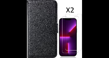 Hoesje Geschikt voor iPhone 14 Plus bookcase met 2 stuks screenprotector tempered glass – Zwart