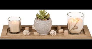 houten plankje met 2 kaarsen & kunstplatje met keramische pot Decoratie