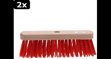 2x Linea Houten Straatbezem 29 cm Rood/Nylon