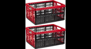PlasticForte Boodschappenkrat - 2x stuks - 32L - 48 x 35 x 24 cm - vouwkrat - opvouwbaar - zwart/rood