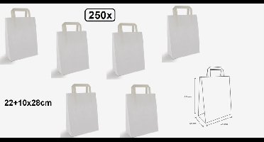 250x Papieren tas wit platte handgreep 22x10x28cm - Tasje goodiebag festival uitdeel thema feest verpakking