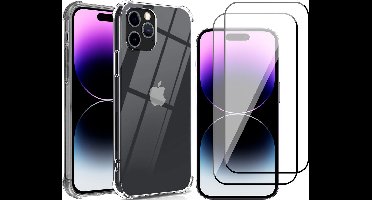 Hoesje geschikt voor iPhone 14 Pro Max - Anti Shock Proof Siliconen Back Cover Case Hoes Transparant - 2x Full Tempered Glass Screenprotector