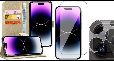 Hoesje geschikt voor iPhone 14 Pro - Book Case Kunstleer Wallet Cover Portemonnee Pasjeshouder Hoes Goud - Tempered Glass Screenprotector - Camera Lens Protector