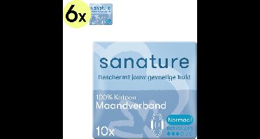 Sanature 100% katoenen - Maandverband Normaal met vleugels - 6 x 10 stuks - Natuurlijk & voor de gevoelige huid