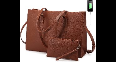 Lubellie® Dorina Tweedelige elegante Dames Handtassen set met een USB-oplaad poort - Dames laptoptas - Schoudertas - Een laptopvak voor 15,6 inch Laptops - Met gratis clutch - Bruin
