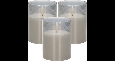 Cepewa LED Kaars - 3x stuks - met timer - grijs - glas - 7 x 10 cm - met timer - Woondecoratie - Elektrische kaarsen