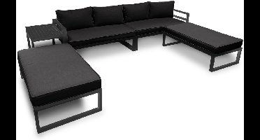 Perel Loungeset aluminium, 8-zits tuinset, lounge voor buiten, met bijzettafel, zitkussens, rugkussens, voor tuin, terras en balkon, weerbestendig aluminium frame, zwart
