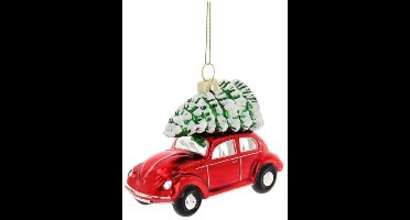 Volkswagen Rode Beetle met Boom - Glas Ornament